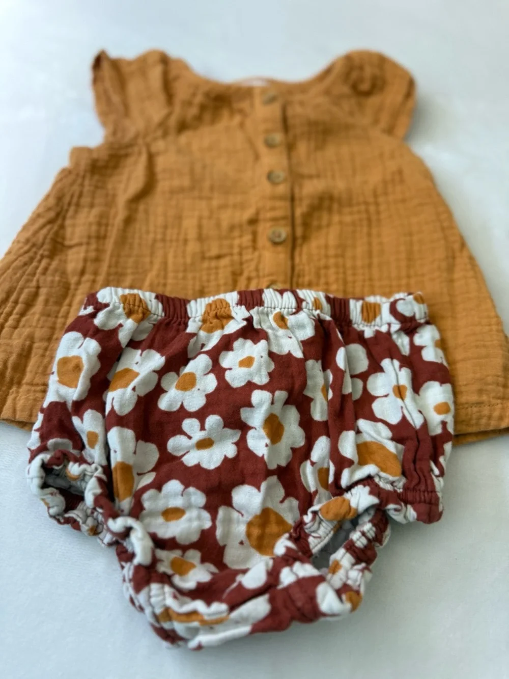 Cat & Jack Mustard Button Romper with Rust Floral Diaper Cover